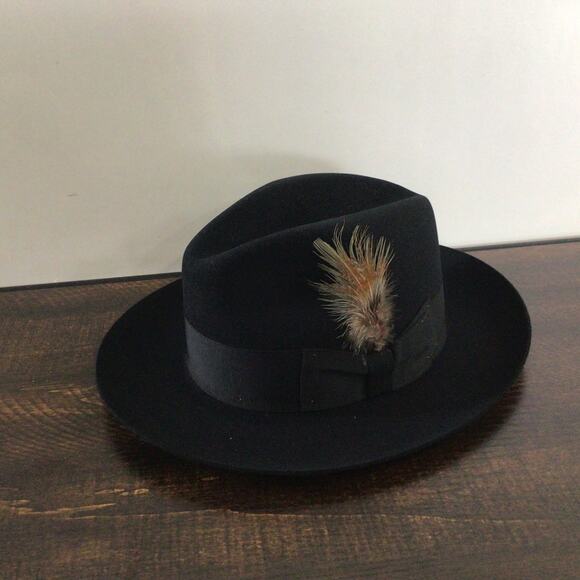Stetson Temple Royal DeLuxe Fur Felt Hat Black Size 6 7/8 Feather Accent - Picture 1 of 7